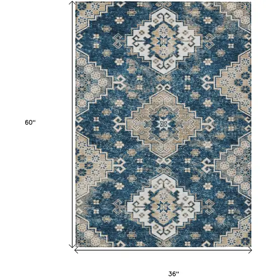 Navy Blue Beige And Ivory Medallion Washable Indoor Outdoor Area Rug Photo 3