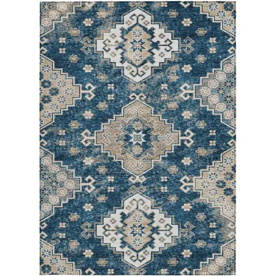 Navy Blue Beige And Ivory Medallion Washable Indoor Outdoor Area Rug Photo 8