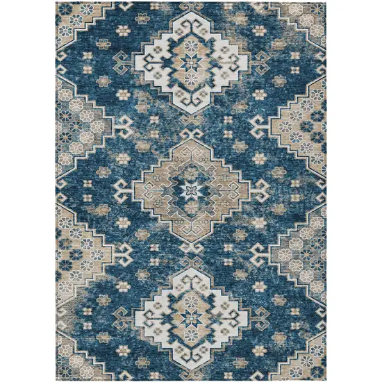 Navy Blue Beige And Ivory Medallion Washable Indoor Outdoor Area Rug Photo 2