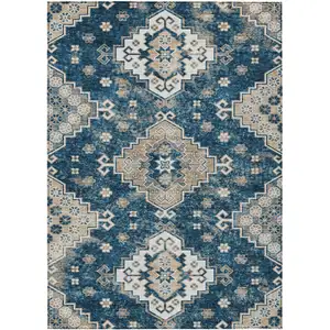 Photo of Navy Blue Beige And Ivory Medallion Washable Indoor Outdoor Area Rug