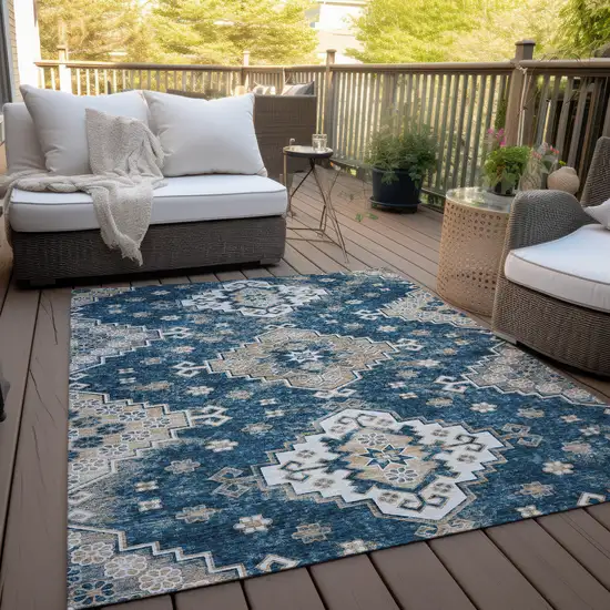 Navy Blue Beige And Ivory Medallion Washable Indoor Outdoor Area Rug Photo 9