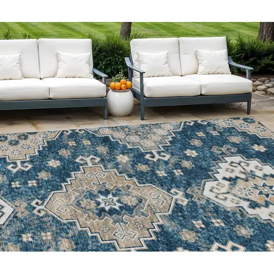 Navy Blue Beige And Ivory Medallion Washable Indoor Outdoor Area Rug Photo 1