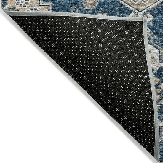 Navy Blue Beige And Ivory Medallion Washable Indoor Outdoor Area Rug Photo 4