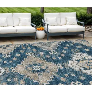 Photo of Navy Blue Beige And Ivory Medallion Washable Indoor Outdoor Area Rug