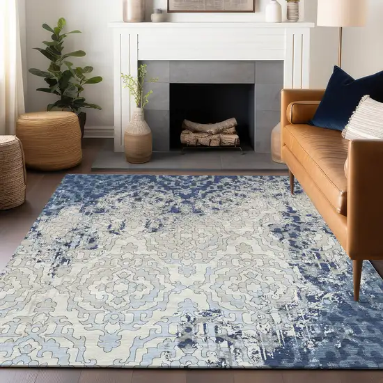 Navy Blue Beige And Sky Blue Medallion Washable Indoor Outdoor Area Rug Photo 7