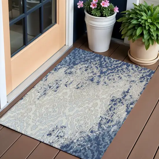 Navy Blue Beige And Sky Blue Medallion Washable Indoor Outdoor Area Rug Photo 1