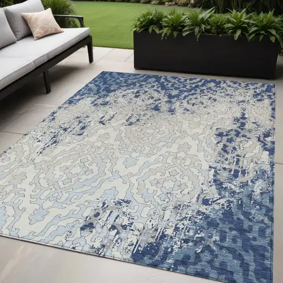 Navy Blue Beige And Sky Blue Medallion Washable Indoor Outdoor Area Rug Photo 1