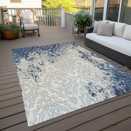 Navy Blue Beige And Sky Blue Medallion Washable Indoor Outdoor Area Rug Photo 9