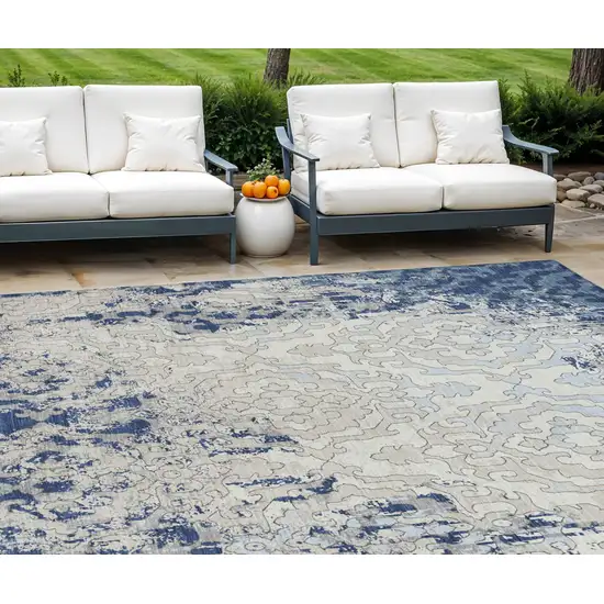 Navy Blue Beige And Sky Blue Medallion Washable Indoor Outdoor Area Rug Photo 1