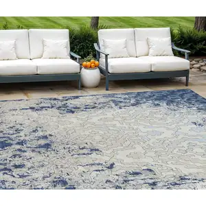 Photo of Navy Blue Beige And Sky Blue Medallion Washable Indoor Outdoor Area Rug