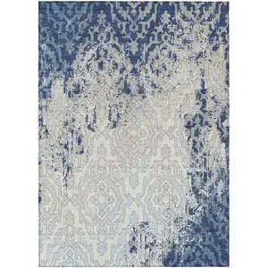 Photo of Navy Blue Beige And Sky Blue Medallion Washable Indoor Outdoor Area Rug