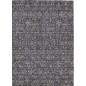 Photo of Navy Blue Beige And Taupe Floral Washable Indoor Outdoor Area Rug