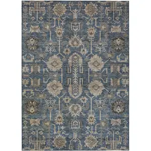 Photo of Navy Blue Beige And Taupe Oriental Washable Indoor Outdoor Area Rug