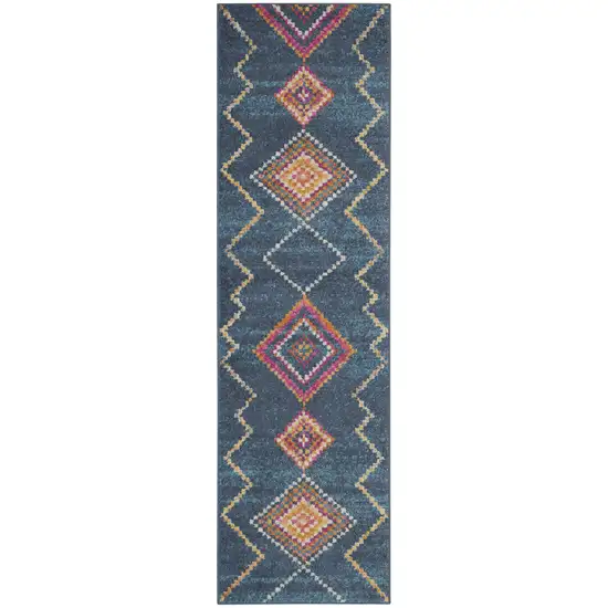 8' Navy Blue Yellow And Pink Southwestern Distressed Runner Rug Photo 1