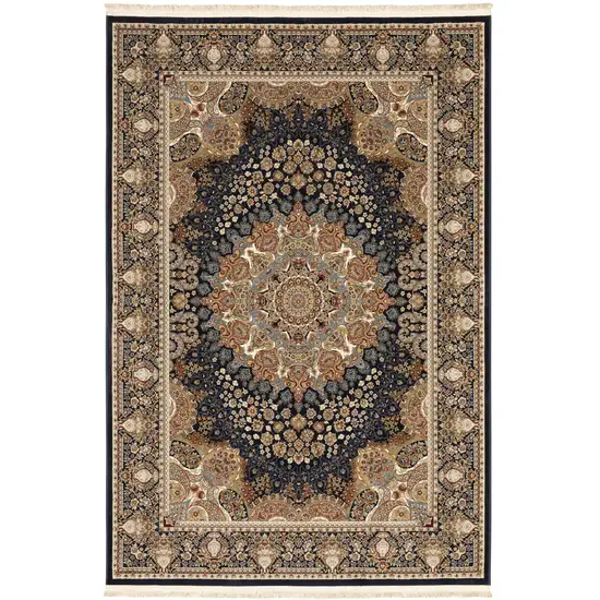 Navy Blue Black And Tan Medallion Area Rug With Fringe Photo 2