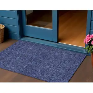 Photo of Navy Blue Blue And Charcoal Floral Washable Indoor Outdoor Area Rug