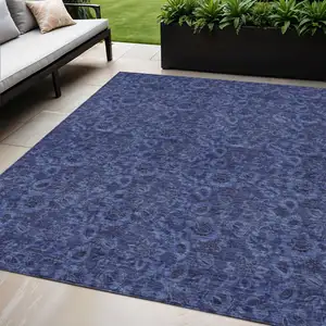 Photo of Navy Blue Blue And Charcoal Floral Washable Indoor Outdoor Area Rug