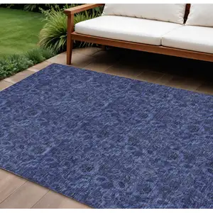 Photo of Navy Blue Blue And Charcoal Floral Washable Indoor Outdoor Area Rug