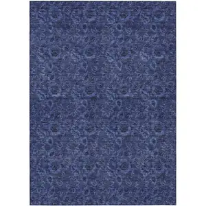 Photo of Navy Blue Blue And Charcoal Floral Washable Indoor Outdoor Area Rug