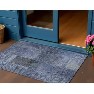 Photo of Navy Blue Blue And Charcoal Patchwork Washable Indoor Outdoor Area Rug