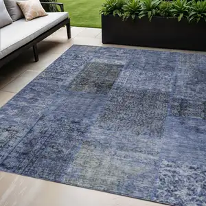 Photo of Navy Blue Blue And Charcoal Patchwork Washable Indoor Outdoor Area Rug