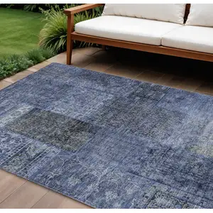 Photo of Navy Blue Blue And Charcoal Patchwork Washable Indoor Outdoor Area Rug