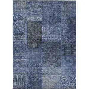 Photo of Navy Blue Blue And Charcoal Patchwork Washable Indoor Outdoor Area Rug