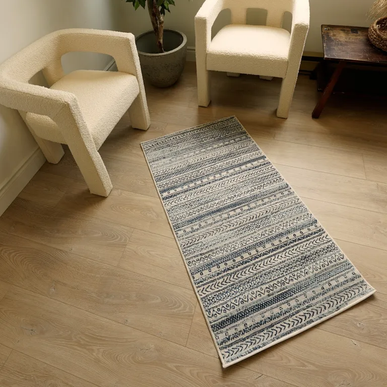 Navy Blue Decorative Stripes Area Rug Photo 2