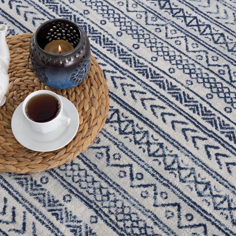 Navy Blue Decorative Stripes Runner Rug Photo 2