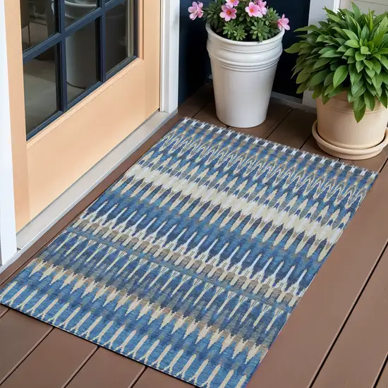 Navy Blue Denim Blue And Ivory Southwestern Washable Indoor Outdoor Area Rug Photo 1