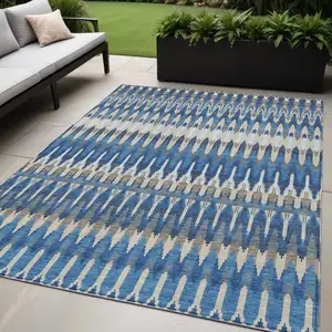 Photo of Navy Blue Denim Blue And Ivory Southwestern Washable Indoor Outdoor Area Rug