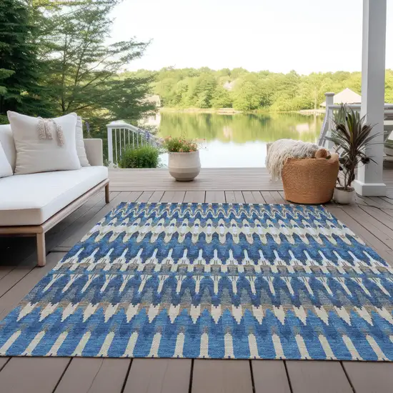 Navy Blue Denim Blue And Ivory Southwestern Washable Indoor Outdoor Area Rug Photo 9