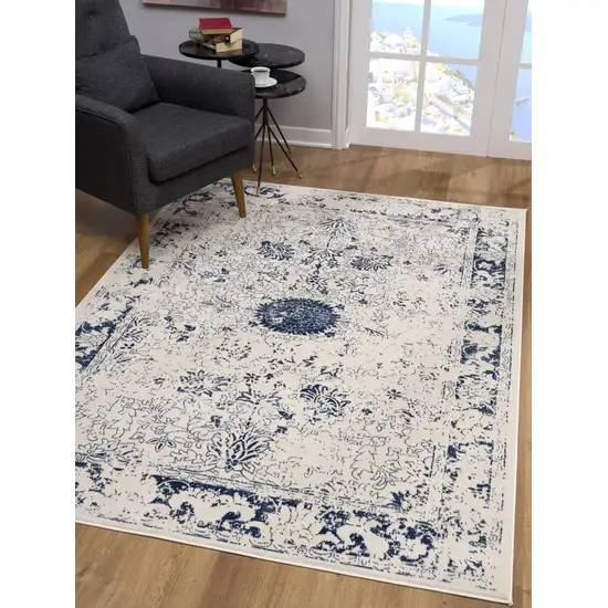 Navy Blue Distressed Floral Area Rug Photo 6