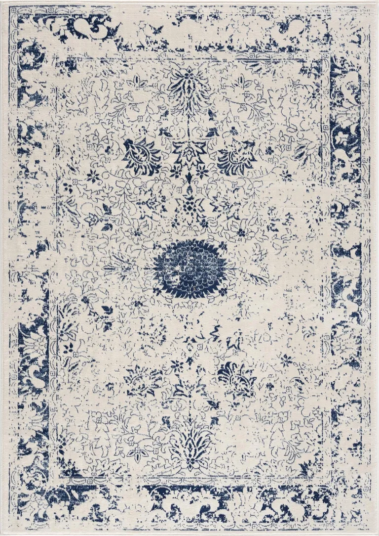 Navy Blue Distressed Floral Area Rug Photo 5