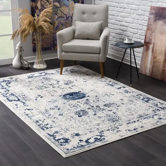 Navy Blue Distressed Floral Area Rug Photo 7