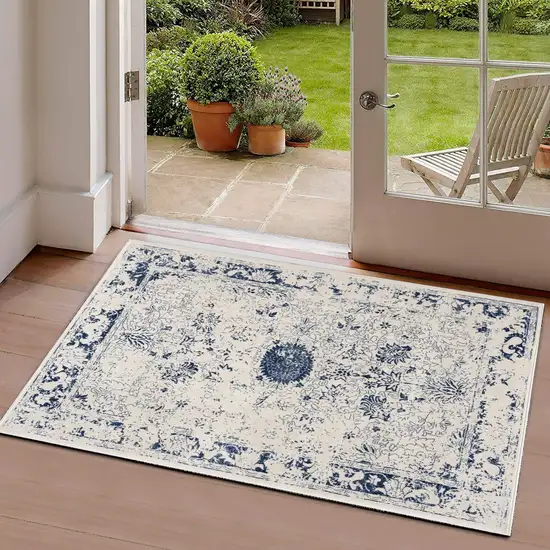 Navy Blue Distressed Floral Scatter Rug Photo 2