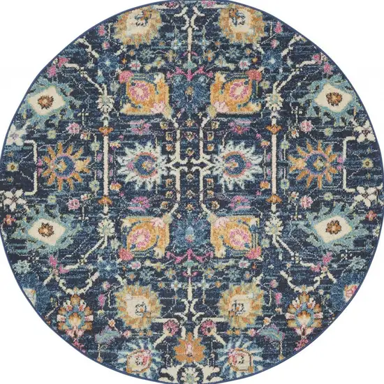 4' Navy Blue Yellow And Pink Floral Round Rug Photo 8