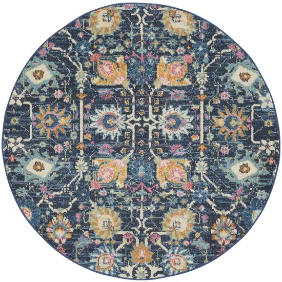 4' Navy Blue Round Floral Power Loom Area Rug Photo 4