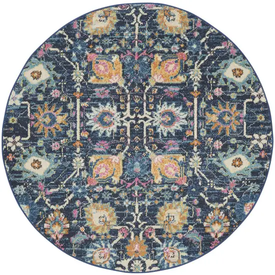 5' Navy Blue Yellow And Pink Floral Round Rug Photo 7