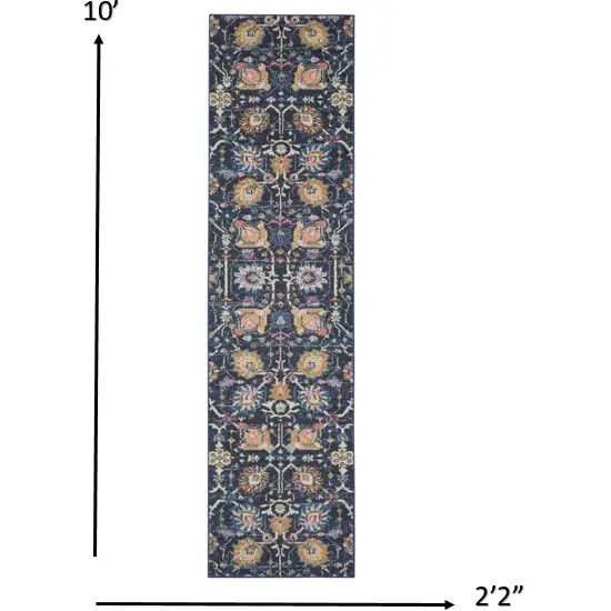 10' Navy Blue Floral Power Loom Runner Rug Photo 6