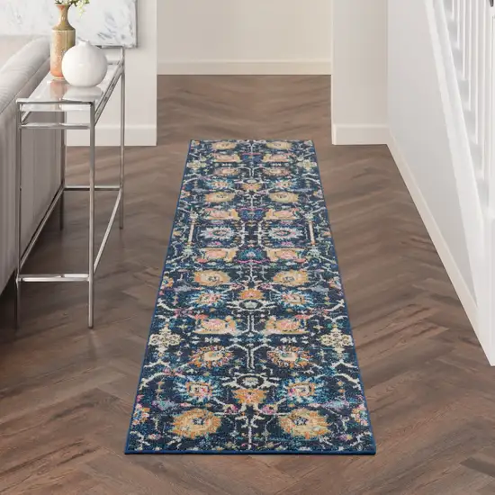 10' Navy Blue Floral Power Loom Runner Rug Photo 4