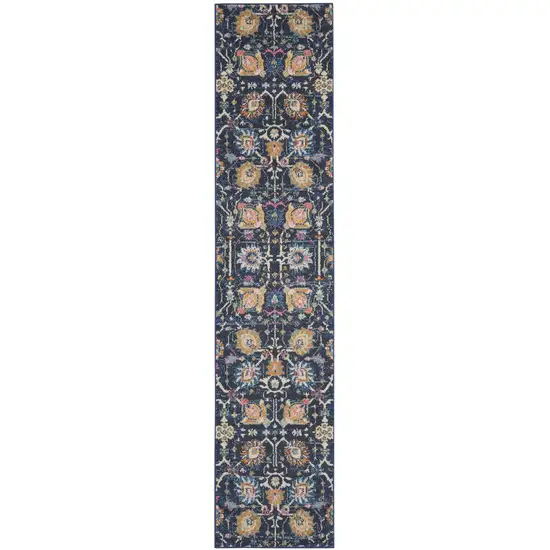 10' Navy Blue Floral Power Loom Runner Rug Photo 1