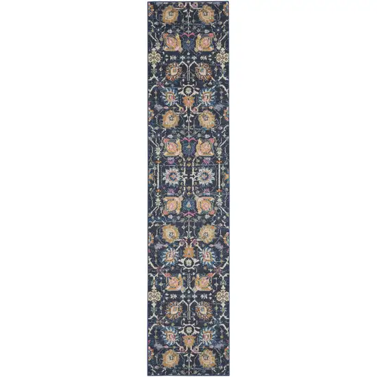 10' Navy Blue Floral Power Loom Runner Rug Photo 8