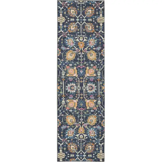 8' Navy Blue Floral Power Loom Runner Rug Photo 8