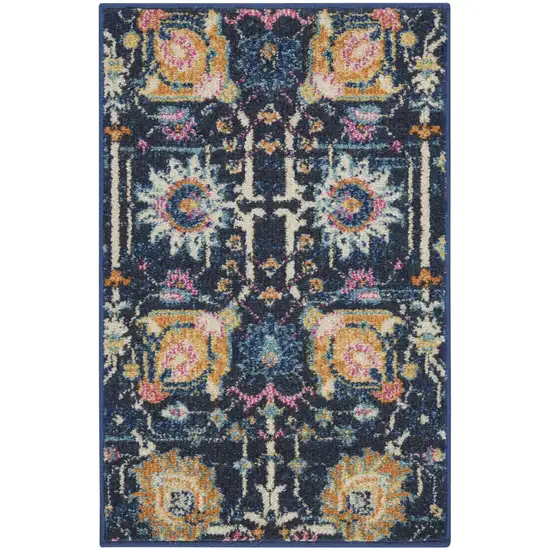 Navy Blue Yellow And Pink Floral Area Rug Photo 1