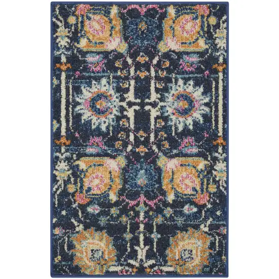 Navy Blue Yellow And Pink Floral Area Rug Photo 6