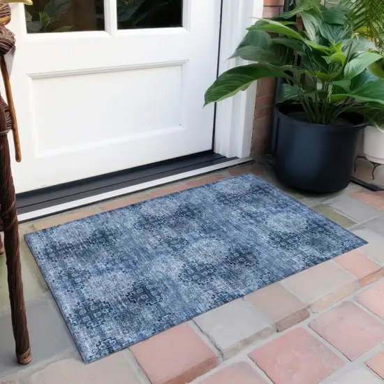 Navy Blue Floral Medallion Washable Non Skid Indoor Outdoor Area Rug Photo 8