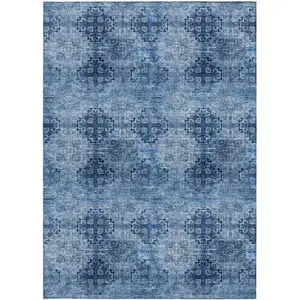 Photo of Navy Blue Floral Medallion Washable Non Skid Indoor Outdoor Area Rug