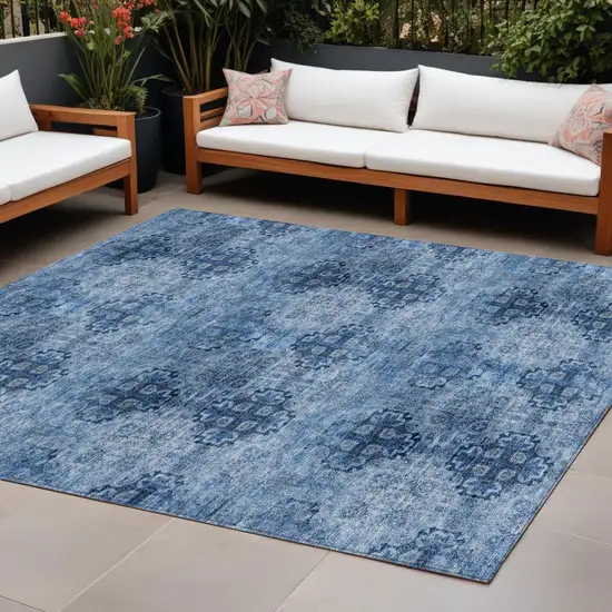 Navy Blue Floral Medallion Washable Non Skid Indoor Outdoor Area Rug Photo 1