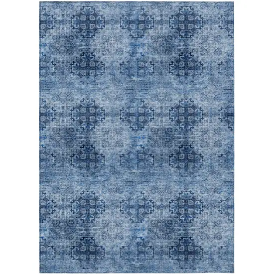 Navy Blue Floral Medallion Washable Non Skid Indoor Outdoor Area Rug Photo 1